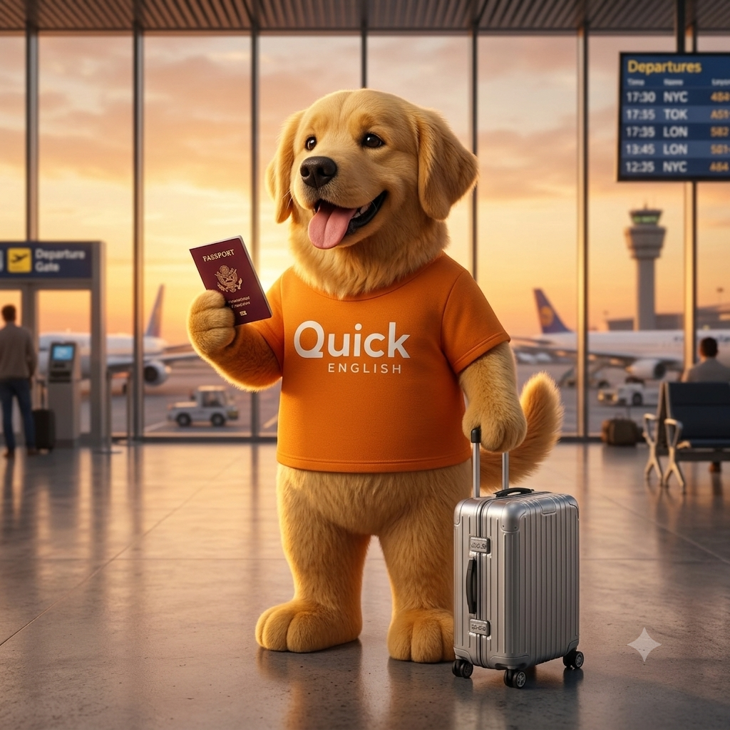 Nacho en el aeropuerto con pasaporte y maleta